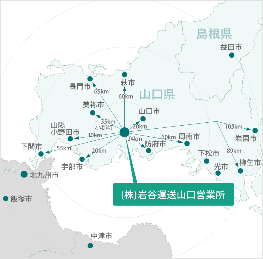 画像：山口営業所からは、山口県内のすべての地域への所要時間